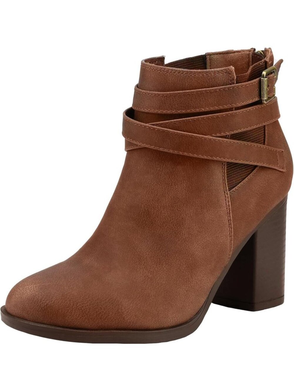 Women's Brown Pu Chunky Stacked High Heel Faux Suede Closed Toe Ankle Booties